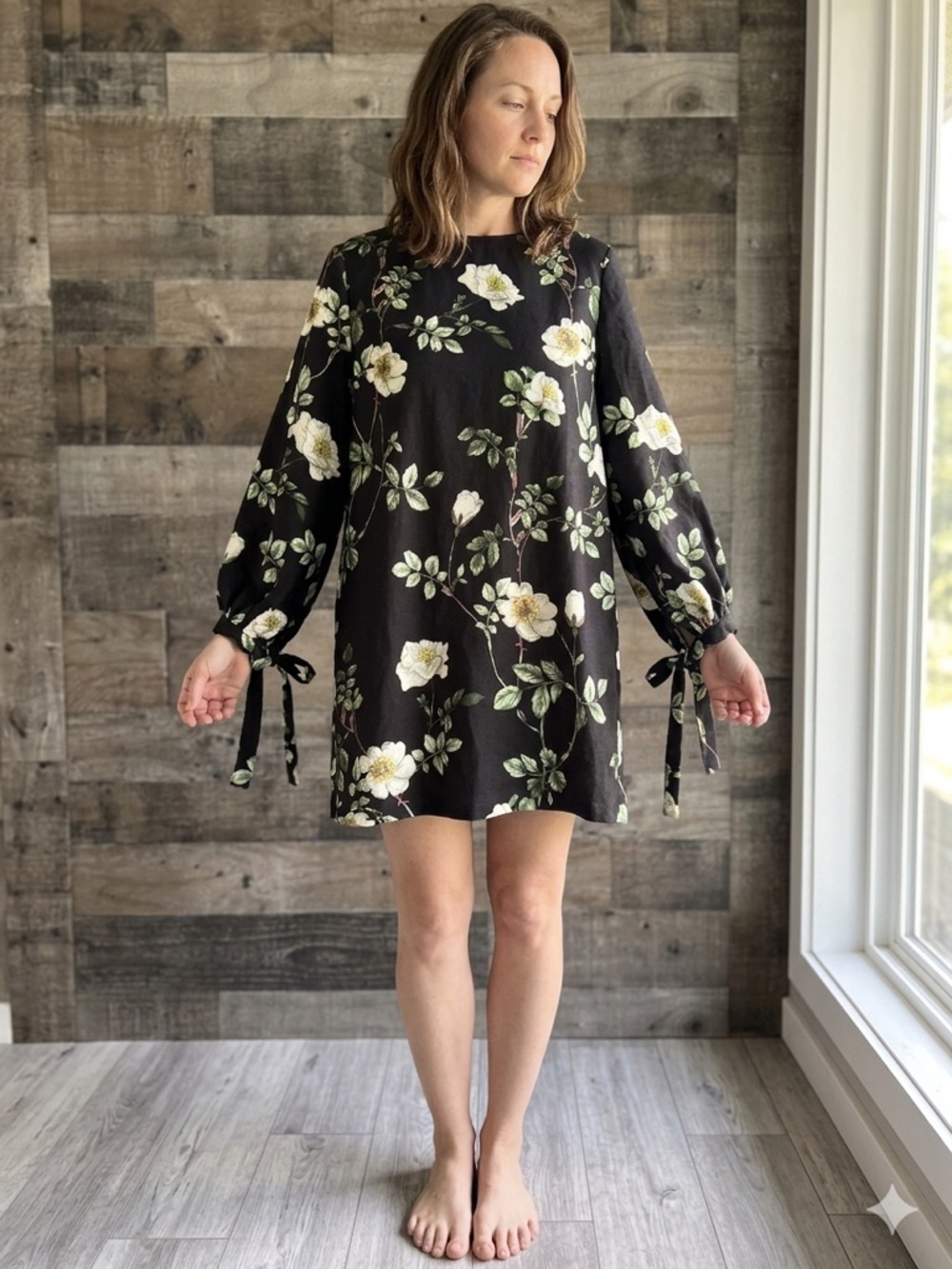 H&M Black Dress with Cream Floral and Green Leaves